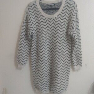 Chevron Fuzzy Knit Sweater Dress by Love & Blind Gray & White Longline Pullover